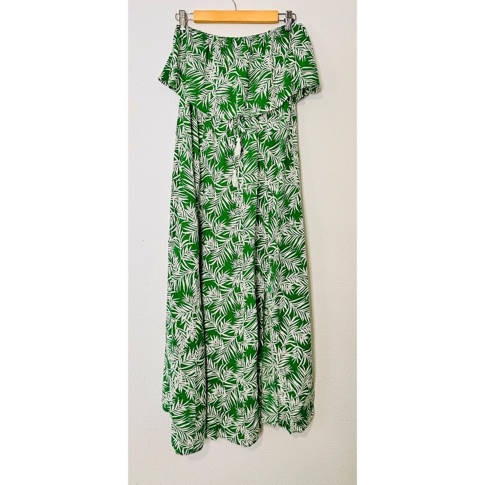 Japna Tropical Green Leaf Print Crop Top Summer Maxi Dress w/ Spilt, M - Picture 3 of 11